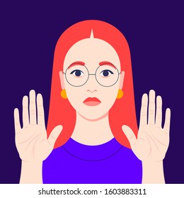 Woman with open palms forward. The redheaded girl is against. Gesture of stop. Negation. Give up. Renouncement. Vector flat illustration