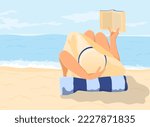 Woman with open paper book. Happy girl reading on the beach. Sexy and elegant lady on the  seashore. Seaside vacation. Flat vector illustration 