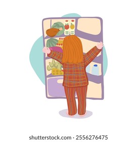 Woman Open Refrigerator for Food. Overeating Guilty Pleasure. Late Snack on Midnight.Unhealthy Bad Habbits in Vector Illustration. Overweight Diet. Junk Food Addiction Banner Image.