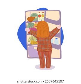 Woman Open Refrigerator for Food. Overeating Guilty Pleasure. Late Snack on Midnight.Unhealthy Bad Habbits in Vector Illustration. Overweight Diet. Junk Food Addiction Banner Image.