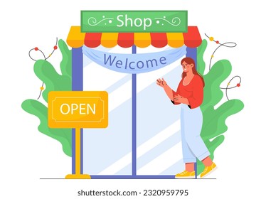 Woman with open shop concept. Young girl near small business. Cafe or restaurant, catering. City infrastructure. Businesswoman near modern building, showcase. Cartoon flat vector illustration