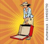 Woman with open suitcase. Comic cartoon pop art retro vector illustration drawing