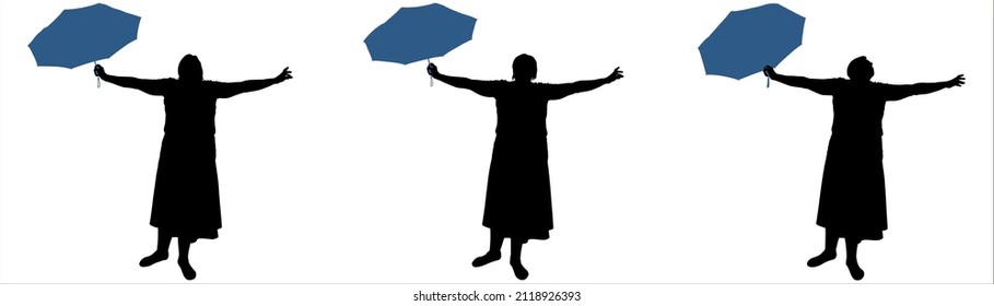 A woman with an open umbrella in her hands. A woman holds an open umbrella near her, rejoicing, spreads her arms to the sides. Rainy day. Three black female silhouettes isolated on white background.
