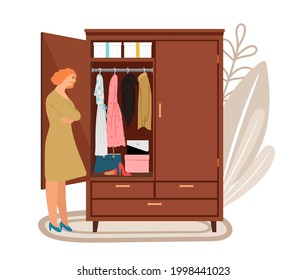 Woman and open wardrope. Negative female characters think about clothes vector scene