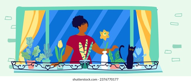 Woman in an open window. Self-care. Home flowers on the balcony, hobby, cat. The concept of a happy inner world and a prosperous lifestyle. Vector illustration