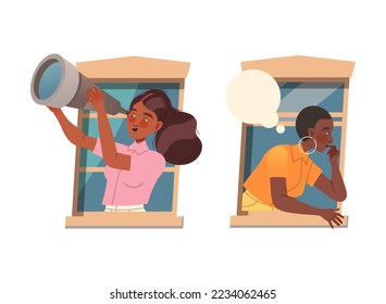 Woman in Open Window with Telescope and Thought Bubble Vector Set