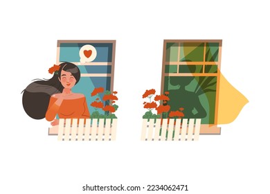 Woman in Open Window at Windowsill with Blooming Flowers Vector Set