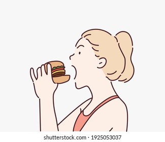 La mujer abrió la boca para comer una hamburguesa. Ilustraciones de diseño vectorial de estilo dibujado a mano.