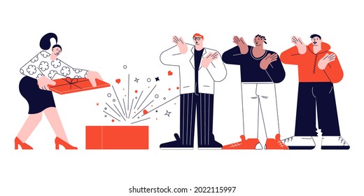 Woman opened huge gift with surprise. Men clap their hands and congratulate her. Giving gifts for a holiday concept isolated on white in modern outline minimalist design. Flat Art Vector Illustration