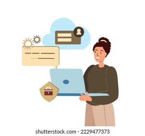 Woman with opened laptop.Protected Secure Access to Private information,Lock System,Data Security,Documents Privacy,Protection Concept.Password,Docs Stack Archive.Cartoon Flat Vector Illustration