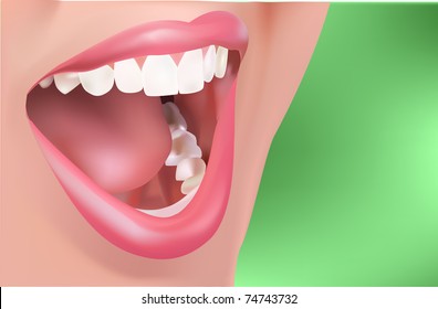 a woman with the opened mouth cleans healthy white teeth.