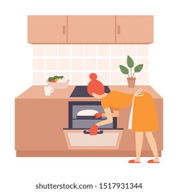 Woman opened the oven and looks at the dough. Vector illustration.