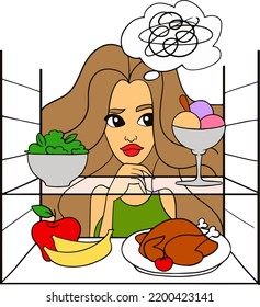 La mujer abrió la puerta del refrigerador, piensa qué comida elegir. Ilustración moderna del vector de línea delgada plana aislada en el fondo blanco. Ilustración al estilo de las caricaturas.