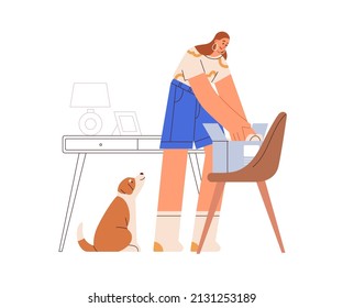 Woman opening box, delivered order. Person unpacking cardboard at home. Young female buyer with parcel package with new purchases. Flat vector illustration isolated on white background