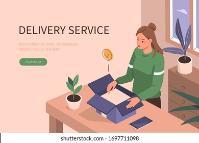 Woman Opening Cardboard Parcel Box At Home. Happy Customer Receiving, Unpacking And Checking Order. Package Delivery Service And Shipment Concept. Flat Isometric Vector Illustration.