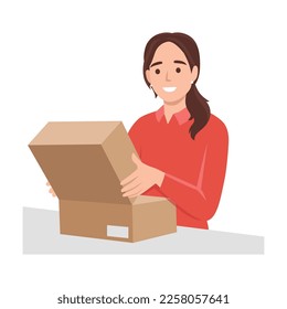 Woman Opening Cardboard Parcel Box at Home. Happy Customer Receiving, Unpacking and Checking Order. Package Delivery Service and Shipment Concept. Flat vector illustration isolated on white background