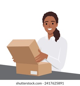 Woman Opening Cardboard Parcel Box at Home. Happy Customer Receiving, Unpacking and Checking Order. Flat vector illustration isolated on white background