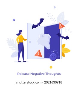 Woman opening door and ghosts, bats and monsters coming out of it. Concept of release of negative thoughts, toxic emotions, subconscious or unconscious fears.Modern flat vector illustration for banner