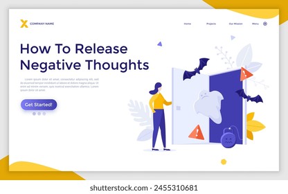 Woman opening door and ghosts, bats and monsters coming out of it. Concept of release of negative thoughts, toxic emotions, subconscious or unconscious fears. Flat vector illustration for landing page