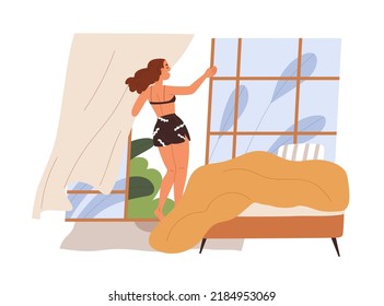 Woman Opening French Window On Summer Morning, Breathing Fresh Air. Happy Young Girl Waking Up In Home Bedroom, Enjoying View And Breeze Indoors. Flat Vector Illustration Isolated On White Background