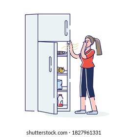 Woman Opening Fridge With Spoiled Smelly Food Covering Nose To Protect From Stink. Bad Smell From Refrigerator In Kitchen Concept. Linear Vector Illustration