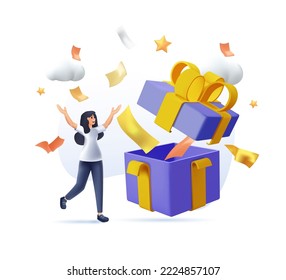 Woman opening gift box and looking at festive confetti thrown out of it 3D vector illustration. Concept of birthday present, holiday greetings, surprise party. Modern 3D render vector illustration