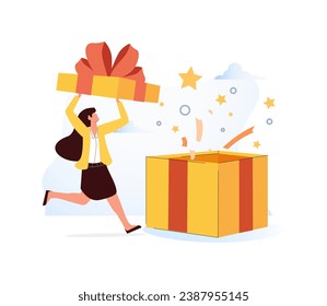 Woman opening gift box and looking at festive confetti thrown out of it. Concept of birthday present, holiday greetings, surprise party. Modern flat colorful vector illustration for banner, poster