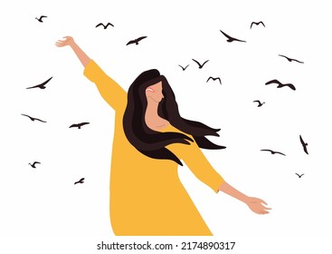 A Woman, Opening Her Arms as if for a Flight, Against the Background of a Flock of Flying Birds. Vector Illustration.