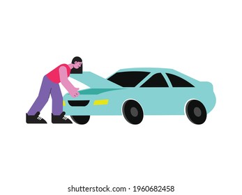 Woman opening her car hood flat vector illustration