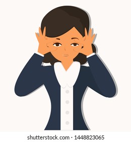 Woman opening her eyes widely with her hands. Emotion and body language concept. Vector illustration.