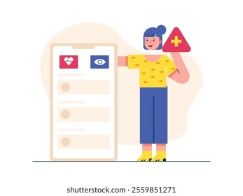 Woman opening hospital apps on mobile phone, health check up. Character design. Vector flat illustration
