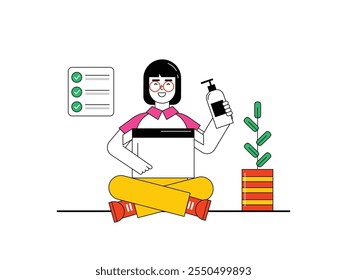 Woman opening package, buying shampoo on ecommerce because it's popular. Character design. Vector flat illustration