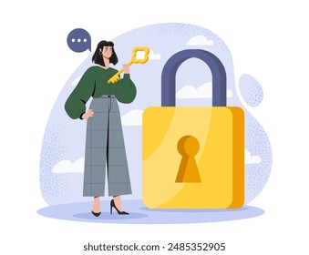 Woman opening padlock. Young girl with key near large golden lock. Protection of personal information. Data safety and security. Authorization and authentication. Flat vector illustration