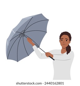 Woman opening umbrella in rain. Autumn or spring season, rainy windy weather. Flat vector illustration isolated on white background