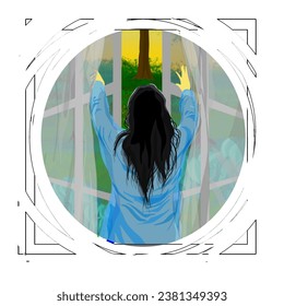 woman opening a window in a circle, without background