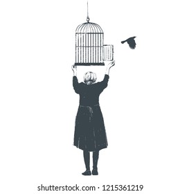 A woman opens the cage from which the bird flies. Vector illustration, sketch