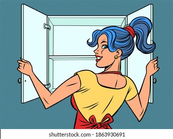 A woman opens the cupboard. Comic cartoon vintage retro style