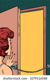 A woman opens the door. Pop art retro vector illustration comic cartoon kitsch drawing