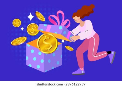 Woman opens gift box with gold coins floating out. Loyalty and Referral Marketing Program. Online Reward. present box, gold coins, Consumer reward. Vector Illustration.