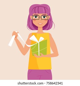 Woman opens gift. Vector. Cartoon. Isolated art on white background. Flat