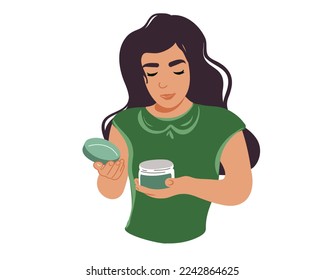 A woman opens a jar of cosmetics. Body care. Self care. Flat vector illustration