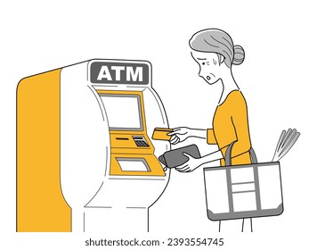 The woman operating the ATM isolated on white background