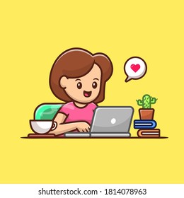 Woman Operating Laptop With Coffee Cartoon Vector Icon Illustration. People Technology Icon Concept Isolated Premium Vector. Flat Cartoon Style