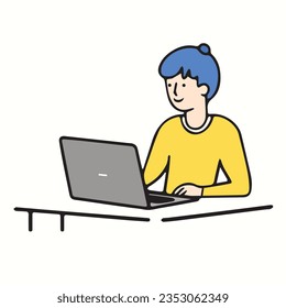 Eine Frau bedient einen Laptop-Vektor.