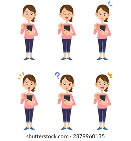 Woman operating a smartphone, 6 different facial expressions, whole body