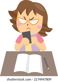 Una mujer que maneja un smartphone con una expresión de enfado en el escritorio