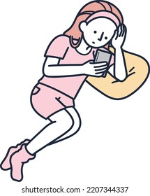 Woman operating a smartphone while relaxing Simple Illustration