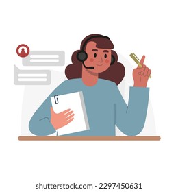 Woman operator in call center. Female character answers questions on phone. Consultations in chat and messenger. Online technical support. Color vector illustration