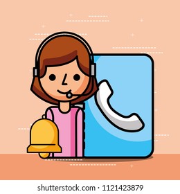 woman operator contact book and bell customer service