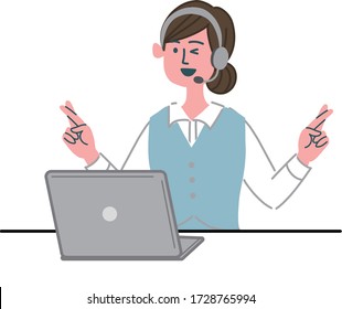 woman operator cross finger laptop computer